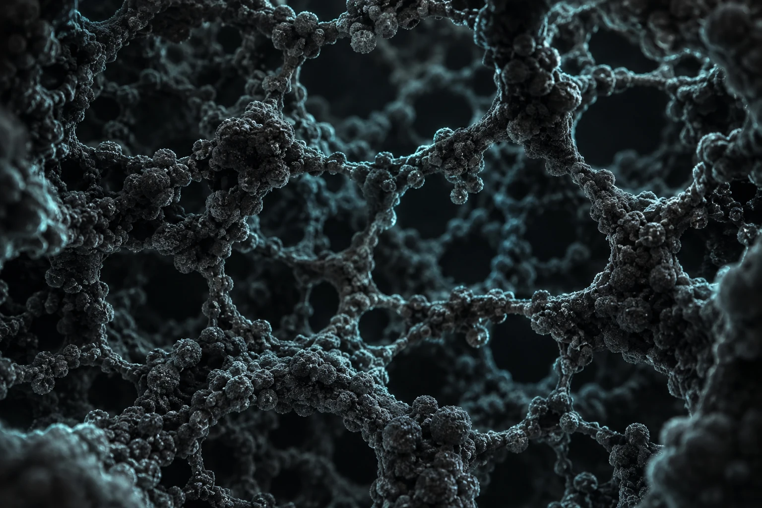 Conceptual illustration of an irregular porous carbon aerogel network with connected branching structures and open voids.